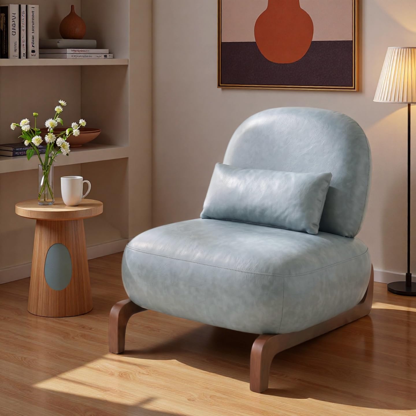 Trygoal Mid Century Modern Leather Armless Accent Chair, MCM Curved Back Lounge Chairs with Tilted Solid Wood Legs & Thick Lumbar Pillow, Single Cloud Sofa for Living Room Reading Nook (Blue)