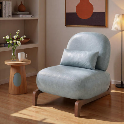 Trygoal Mid Century Modern Leather Armless Accent Chair, MCM Curved Back Lounge Chairs with Tilted Solid Wood Legs & Thick Lumbar Pillow, Single Cloud Sofa for Living Room Reading Nook (Blue)