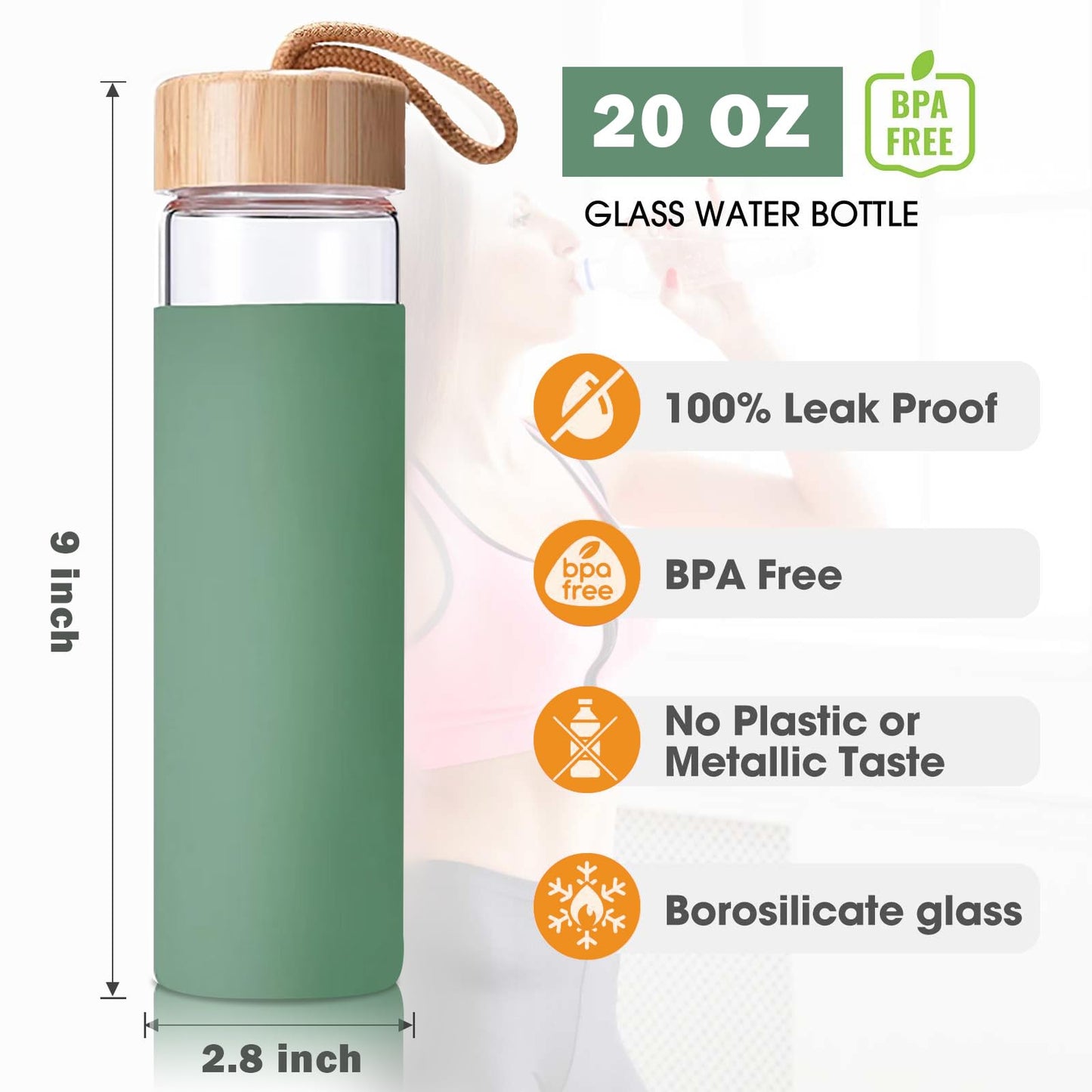 Yomious 20 Oz Borosilicate Glass Water Bottles with Silicone Sleeve BPA Free, Dishwasher Safe - Reusable Clear Glass Drinking with Leak Proof Bamboo Lid | Perfect Gym Water Bottles for Men & Women