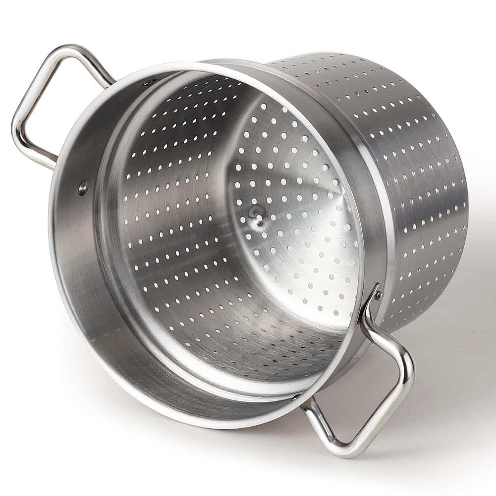 HOMICHEF 13 Quart Nickel Free Stainless Steel Pasta Pot With Strainer and Lid - Commercial Grade Stainless Steel Veggie Steam Baskets - Matte Polished 13 Quart Induction Steamer Pots Strainer Set
