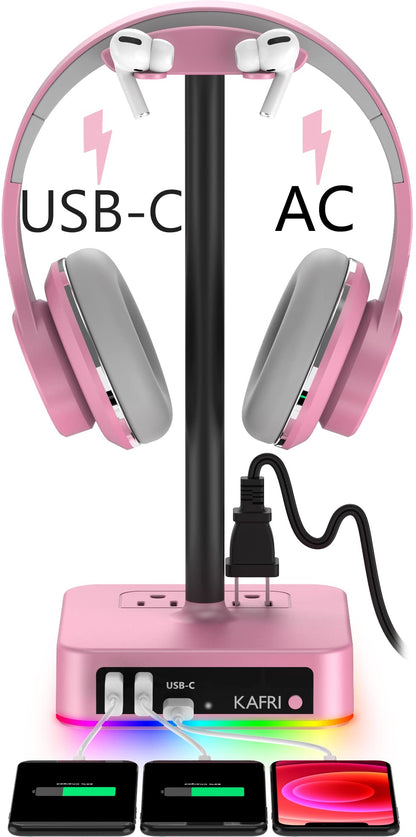 KAFRI RGB Headphone Stand with USB Charger Desk Gaming Headset Holder Hanger Rack with 3 USB Charging Port and 2 Outlet - Suitable for Gamer Desktop Table Game Earphone Accessories Girlfriend Gift