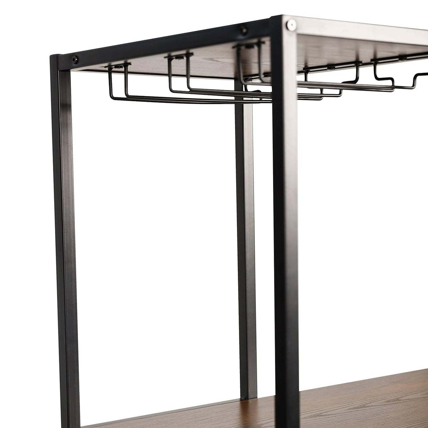 Flash Furniture Jura Metal Bar and Wine Table with Bottle and Stemware Storage, 2 Slanted Bottle Shelves, 3 Stemware Hangers, Waterproof Table Top, Black/Walnut