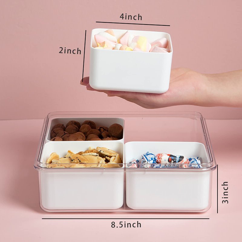 MineSign 3Pack Snackle Box Divided Veggie Serving Tray with Lid Salad Keeper with 4 Removable Boxes Stackable Refrigerator Organizer Bins Produce Saver for Meal Prep Fruit Vegetable Lunch Meat