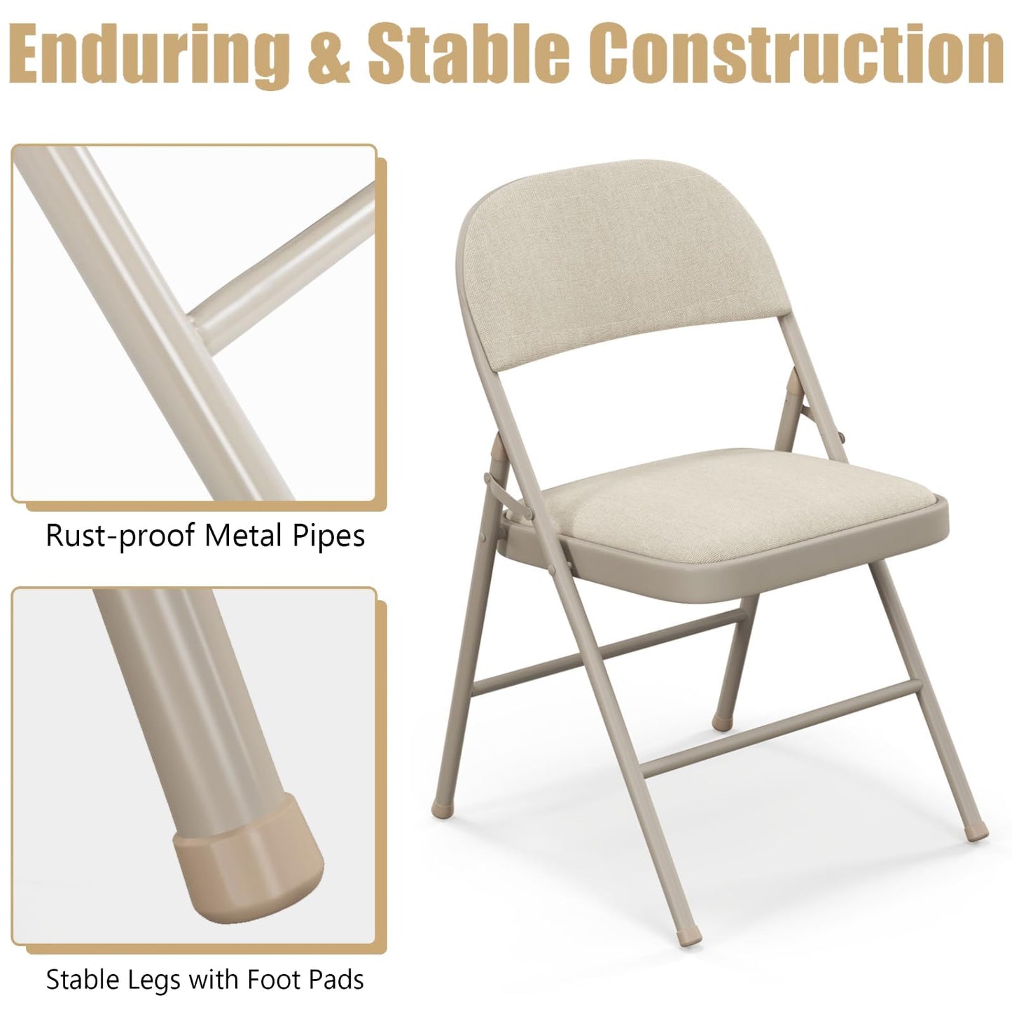 TANGZON 2/4/6 Pack Fabric Padded Folding Chairs, Steel Frame Conference Chairs with Backrest & Non-Slip Foot Pads, Easy Storage Event Hall Guests Seat for Home Office Reception (6pcs,Mid Back,Beige)