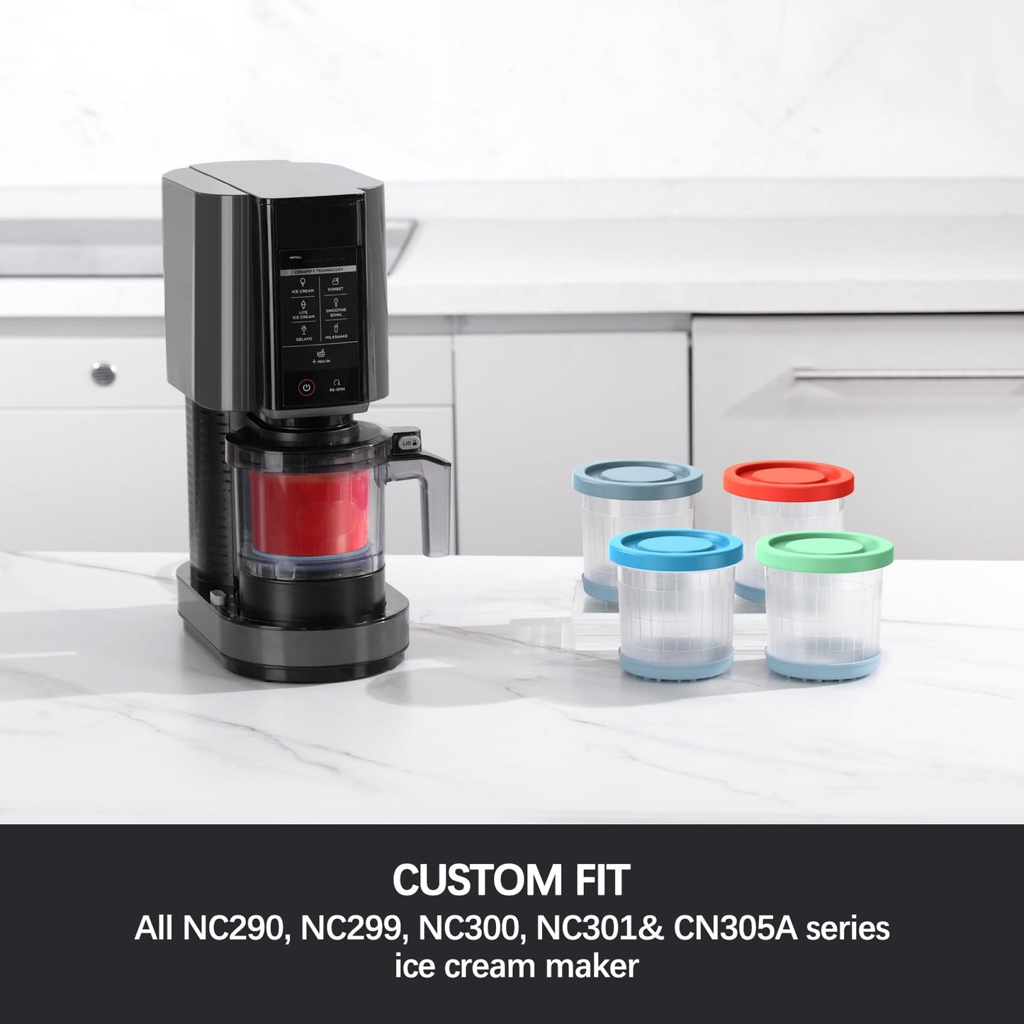 Omnikit Containers Replacement for Ninja Creami Pints and Lids - 4 Pack, 16oz Cups Compatible with NC301 NC300 NC299AMZ NC290 Series Ice Cream Maker - Airtight Anti-slip