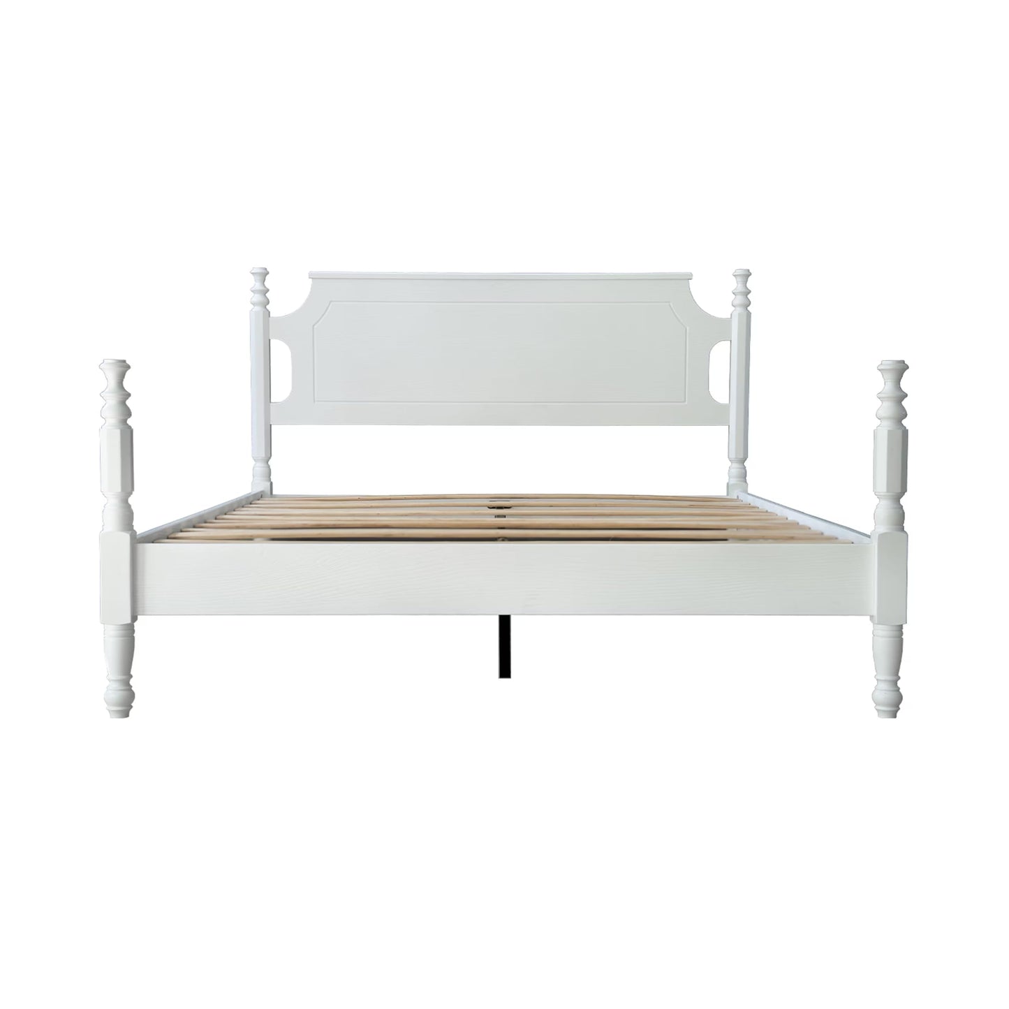 Solid Wood Queen Size Platform Frame, Headboard & Footboard, No Box Spring Needed, 12 Wooden Slats, Center Metal Legs, Slip-Free, Simple Assembly, Under Bed Storage, Pure White Finish, ROQ-39