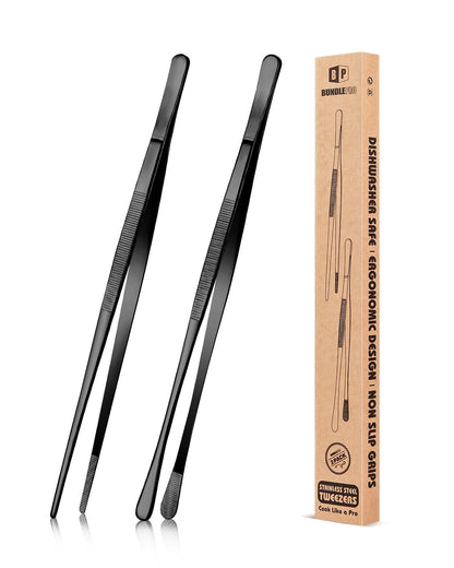2 Pcs 10-Inch Kitchen Tweezers Fine Tweezer Tongs, Stainless Steel Professional Long Cooking Tweezers for BBQ, Sea Food, Repairing and Serving (BLACK)