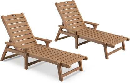Psilvam Chaise Lounges Set of 2, Lounge Chairs with Adjustable Backrest, Supports Up to 350 lbs, All Weather Recliner Poly Lumber Lounges Bed for Poolside, Patio, Porch(Light Brown)