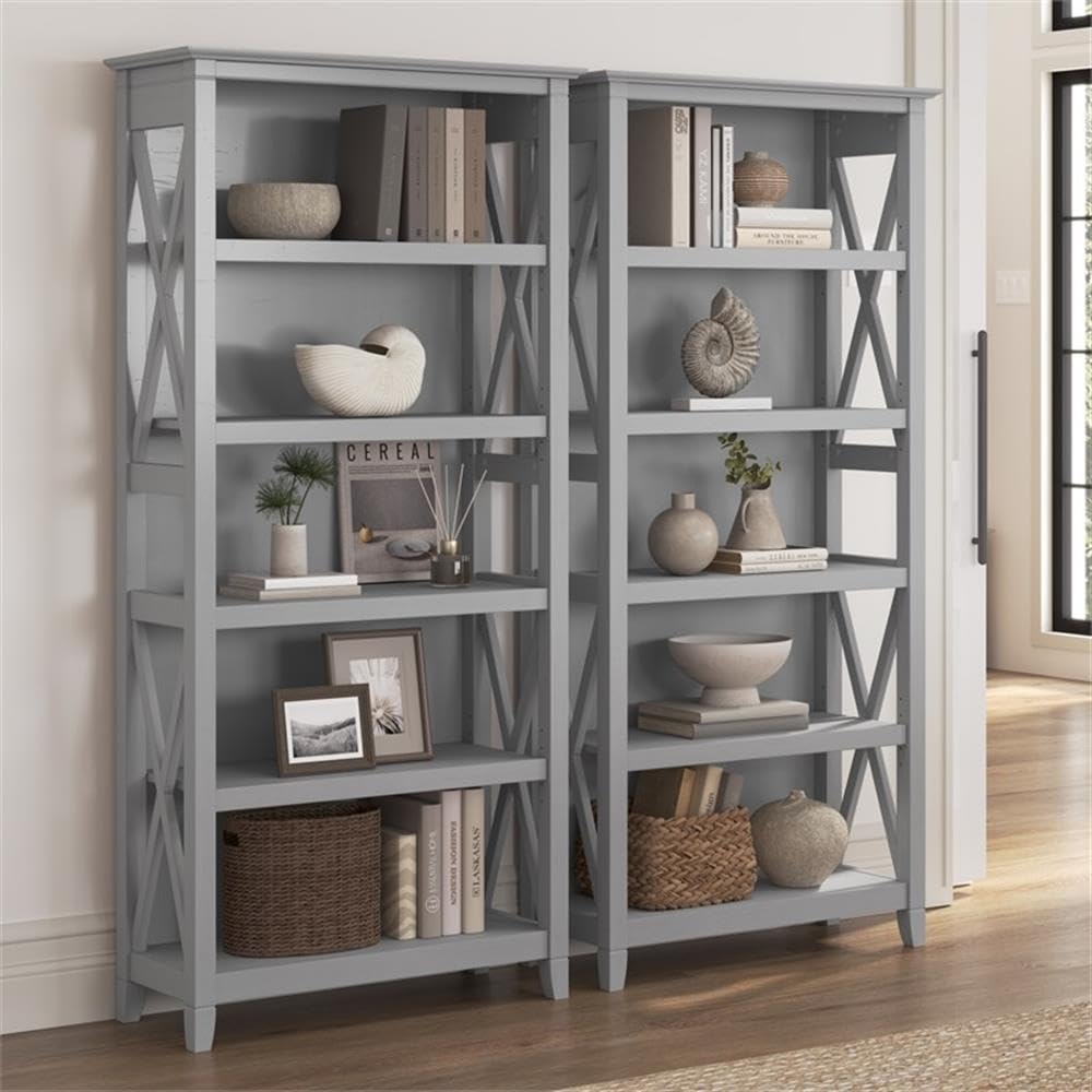 Bush Home Key West 5 Shelf Bookcase - Set of 2 | Tall Bookshelves in Cape Cod Gray | Sturdy Display Shelves for Library, Living Room, and Home Office