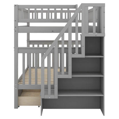 Favfurish Full-Over-Full Bunk Bed with Two Drawers and Storage,Wood Bed-Frame W/High Guardrail & Inclined Handrails,Bedroom Furniture for Children,Teens,Adults,Gray