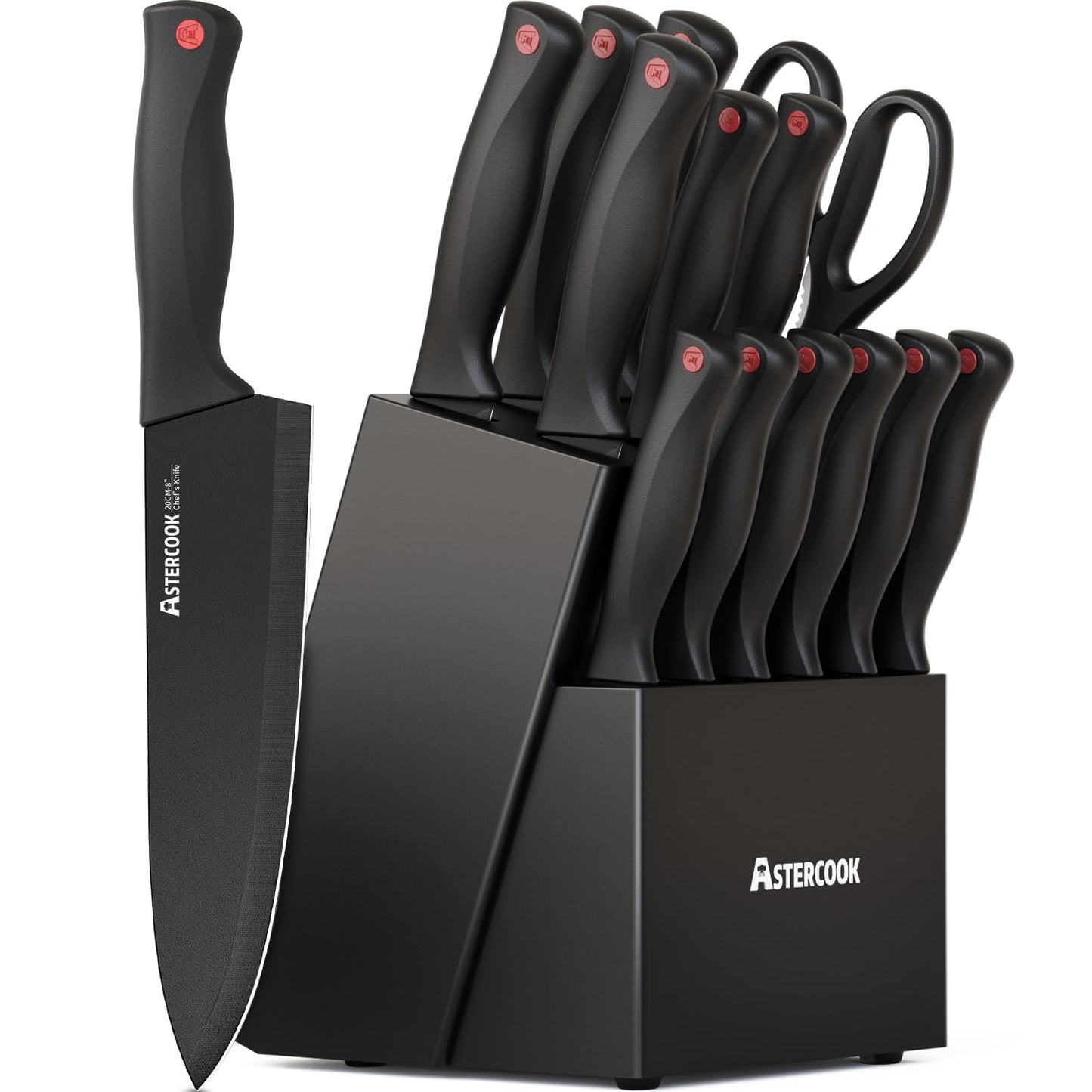 Knife Set, Astercook 15 Pieces Knife Sets for Kitchen with Block, Dishwasher Safe Kitchen Knife Set with Built in Sharpener Block, German Stainless Steel Knife Block Set, Mothers Day Gifts for Women