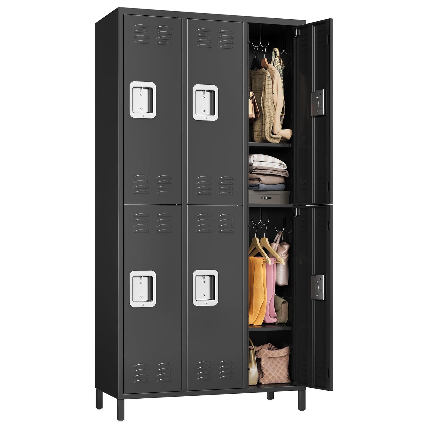 Heavy Duty Metal Storage Locker Cabinet – 6 Lockable Doors, Hooks, Shelf, Ventilated Design – Tall Steel Office Organizer for School, Gym, Garage – Secure Storage Rack, Black