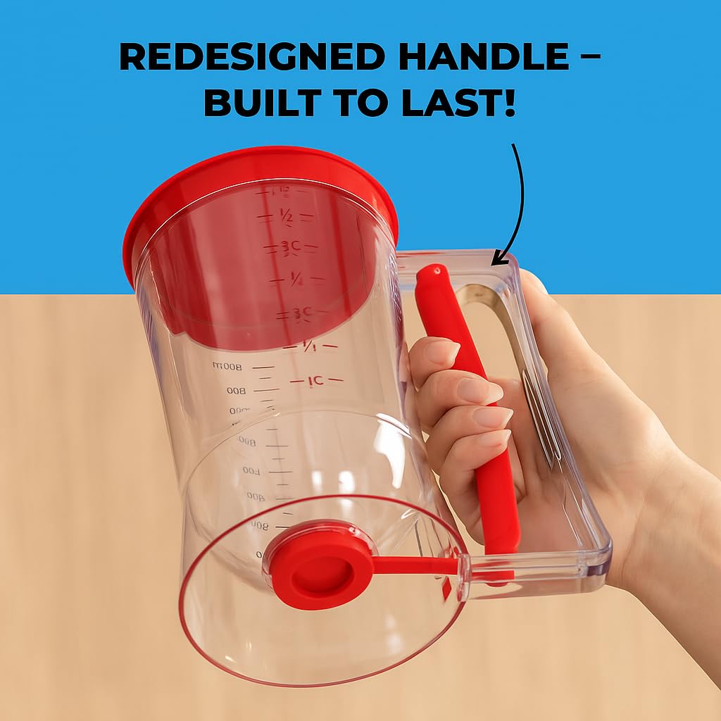 Pancake Batter Dispenser - Kitchen Must Have Tool for Perfect Pancakes, Cupcake, Waffle, Muffin Mix, Cake & Crepe - Easy Pour Baking Supplies for Griddle - Pancake Maker with Measuring Label (Red)
