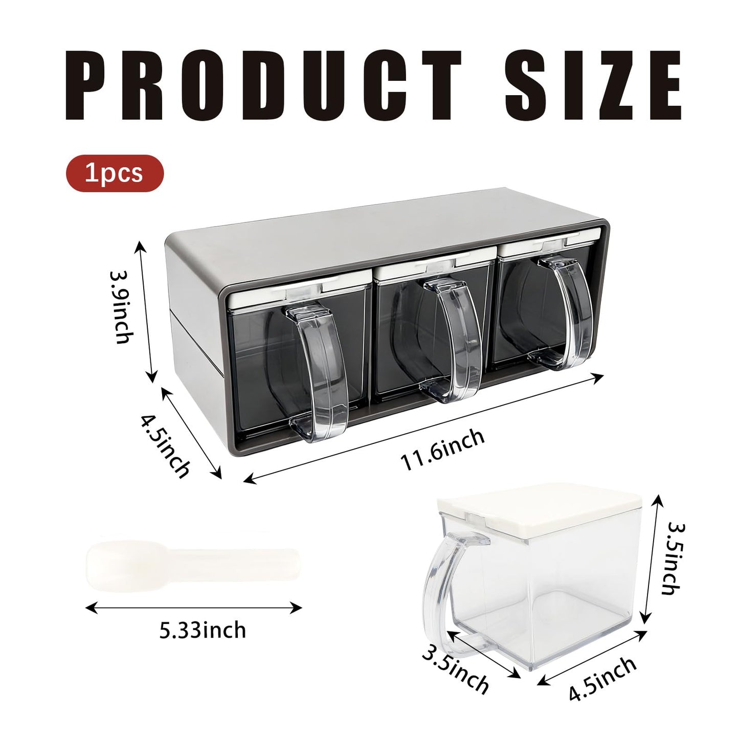 yaenoei 3 Grids Seasoning Organizer Box, Stainless Steel Spice Containers with Lid and Spoon, Storage Rack for Salt, Sugar, Pepper, Spices, Suitable for Home Kitchen and Cafe Use