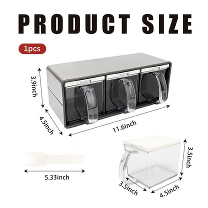 yaenoei 3 Grids Seasoning Organizer Box, Stainless Steel Spice Containers with Lid and Spoon, Storage Rack for Salt, Sugar, Pepper, Spices, Suitable for Home Kitchen and Cafe Use