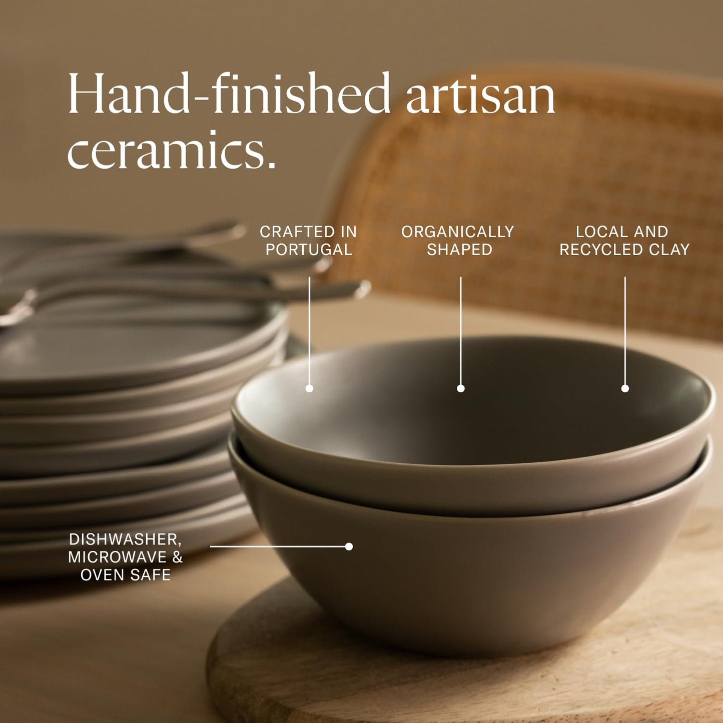 Fable Dinnerware Set - Includes 4 Each of The Dinner + Salad Plates, and The Breakfast Bowls - Dishwasher Safe, Durable Stoneware Ceramic Plates and Bowls - Dove Gray