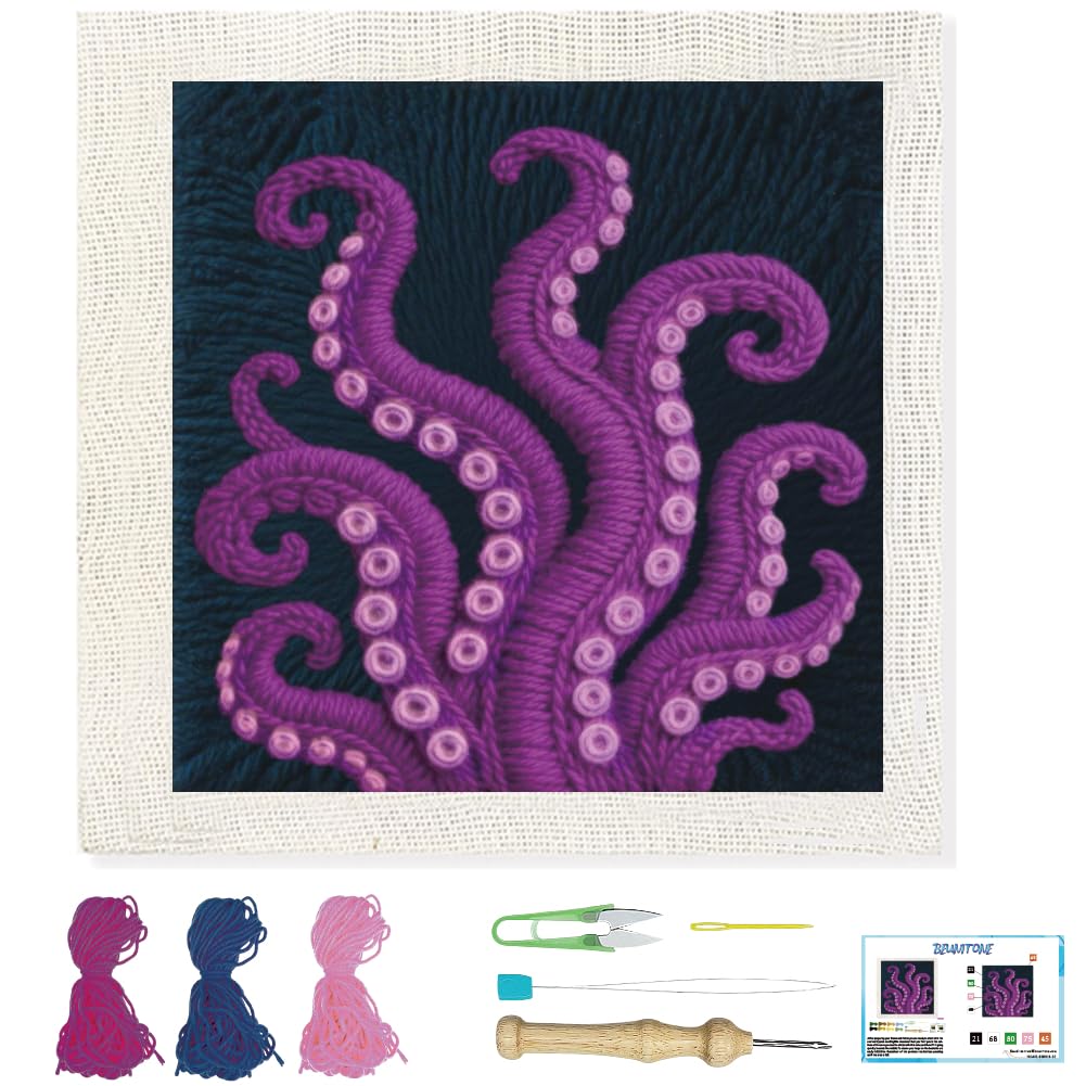 BEUNITONE Punch Needle Kit for Adults Beginners with Tentacle Pattern, Complete DIY Craft Needlepoint Kits with Hoop, Punch Needle Starter Craft Embroidery Set for Festival Gift & Home Decor 9.4x9.4