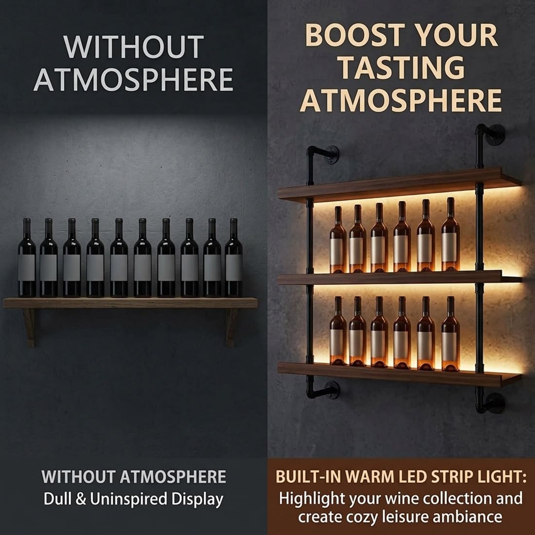 Solid Wood Wine Racks Wall Mounted with LED Lights, Modern Metal Wine Bottles Display Shelf, Industrial Iron Floating Lighted Bar Liquor Whiskey Shelves Rack for Home & Dining Room(150CM/59IN)