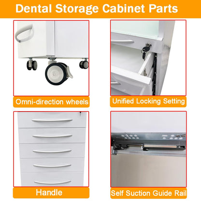 INTBUYING Mobile Dental Cart Stainless Steel Medical Storage Cabinet with Five Large Drawers, Brake wheels, Lock, Rolling Utility Cart for Dental Assistant Clinic Hospital Office School & Home