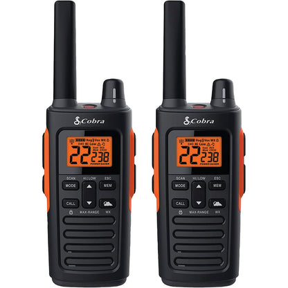 Cobra RX680 Walkie Talkies (2-Pack) - Rugged & Splashproof Two Way Radios Long Range, IP54 Water Resistant Design, 60 Pre-Programmed Channels, Weather Alerts, Included Charging Dock (Black/Orange)