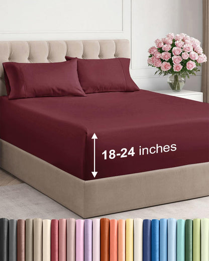 Skiennix Extra Deep Twin Sheet Set - 4 Piece Breathable Cooling Bedding - Soft Wrinkle-Free Burgundy