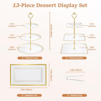 Lzerking 13pcs Dessert Table Display Set, 6 3-Tiered Cupcake Stands (3round & 3square) with 4 Trays & 3 Tongs, White Gold Plastic for Wedding, Tea Party, Baby Shower Decor, Birthday Party Decoration