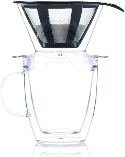 Bodum 12oz Pour Over Coffee Dripper Set - BPA-Free Plastic, Clear, with Double Wall Mug and Reusable Filter