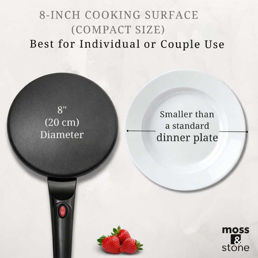 Moss & Stone Electric Crepe Maker – 8” Portable Crepe Pan Nonstick with Dipping Plate, Auto Shut-Off, On/Off Switch, Even Heating & One Automatic Temperature Control – Compact Crepe Maker