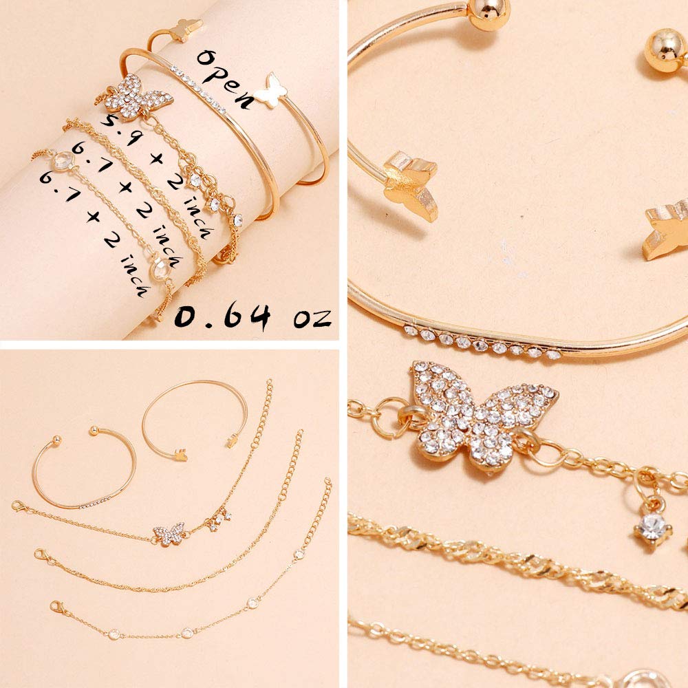 IFKM 6 PACK (24 PCS) Boho Gold Chain Bracelets Set for Women, 14K Gold Plated Multiple Layered Stackable Open Cuff Wrap Bangle Adjustable Link Italian Cuban Jewelry for Women Gift