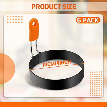Patelai 6 Pcs Professional Egg Ring Pancake Ring Set Stainless Steel Fried Egg Molds Griddle Pancake Shapers with Orange Silicone Handle for Breakfast Omelette Sandwich(4 Inch)