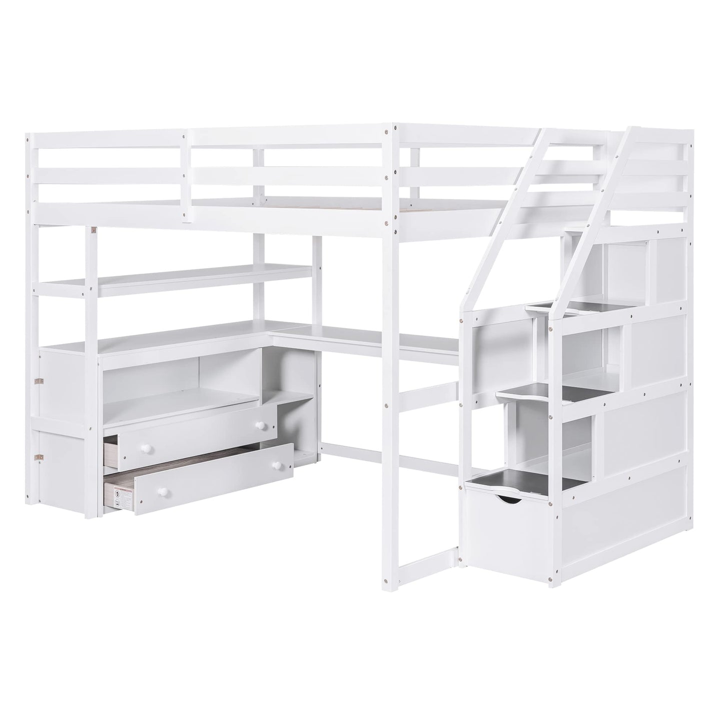 Merax Stairway Loft Bed with L Shape, Shelves, Two Tier Drawers and Storage, White Platform, Full Loft w/Desk and Staircase