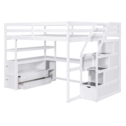 Merax Stairway Loft Bed with L Shape, Shelves, Two Tier Drawers and Storage, White Platform, Full Loft w/Desk and Staircase