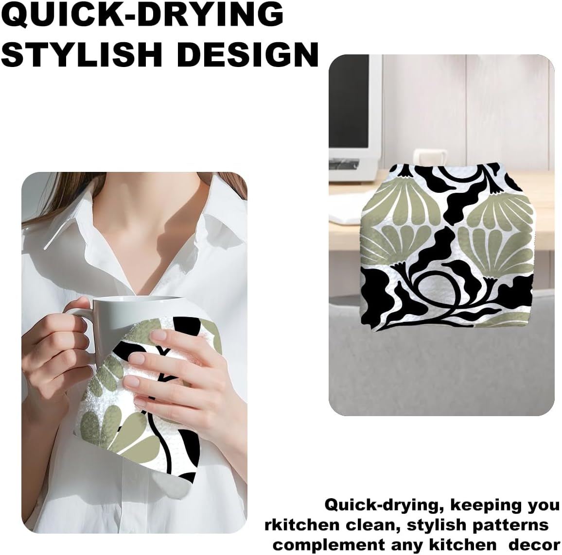 Jztco 2Pcs 24x14 Inch, Abstract Floral Kitchen Towels Boho Style Sage Green Flower Hand Towels for Kitchen Home Decor