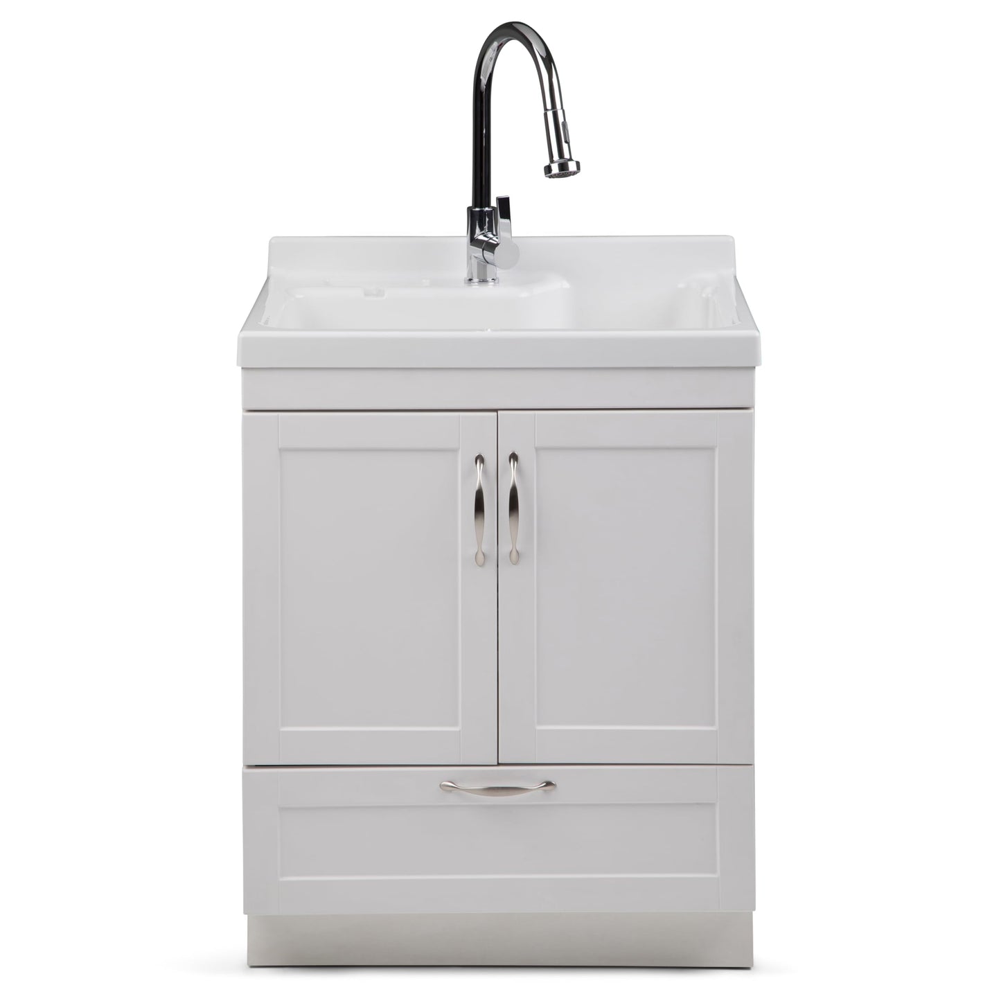 SIMPLIHOME Maile All-in-One 28 inch Wide Utility Sink and Laundry Cabinet in Pure White Finish, Transitional ABS Sink Cabinet for Laundry Rooms or Garage with High-Arch Chrome Faucet and Storage