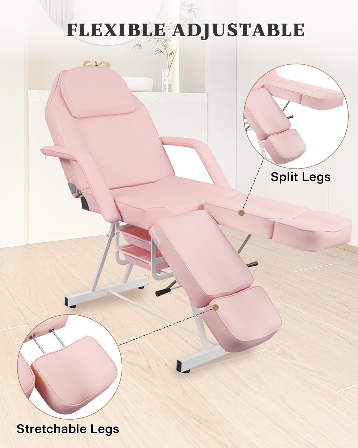 Tythical Pink Tattoo Artist Chair, Split Leg Facial Bed for Client Professional Beauty Lash Massage Bed with Hydraulic Stool & Extension Footrests for Salon Spa Barber Equipment