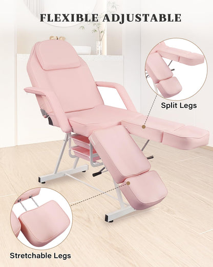Tythical Pink Tattoo Artist Chair, Split Leg Facial Bed for Client Professional Beauty Lash Massage Bed with Hydraulic Stool & Extension Footrests for Salon Spa Barber Equipment