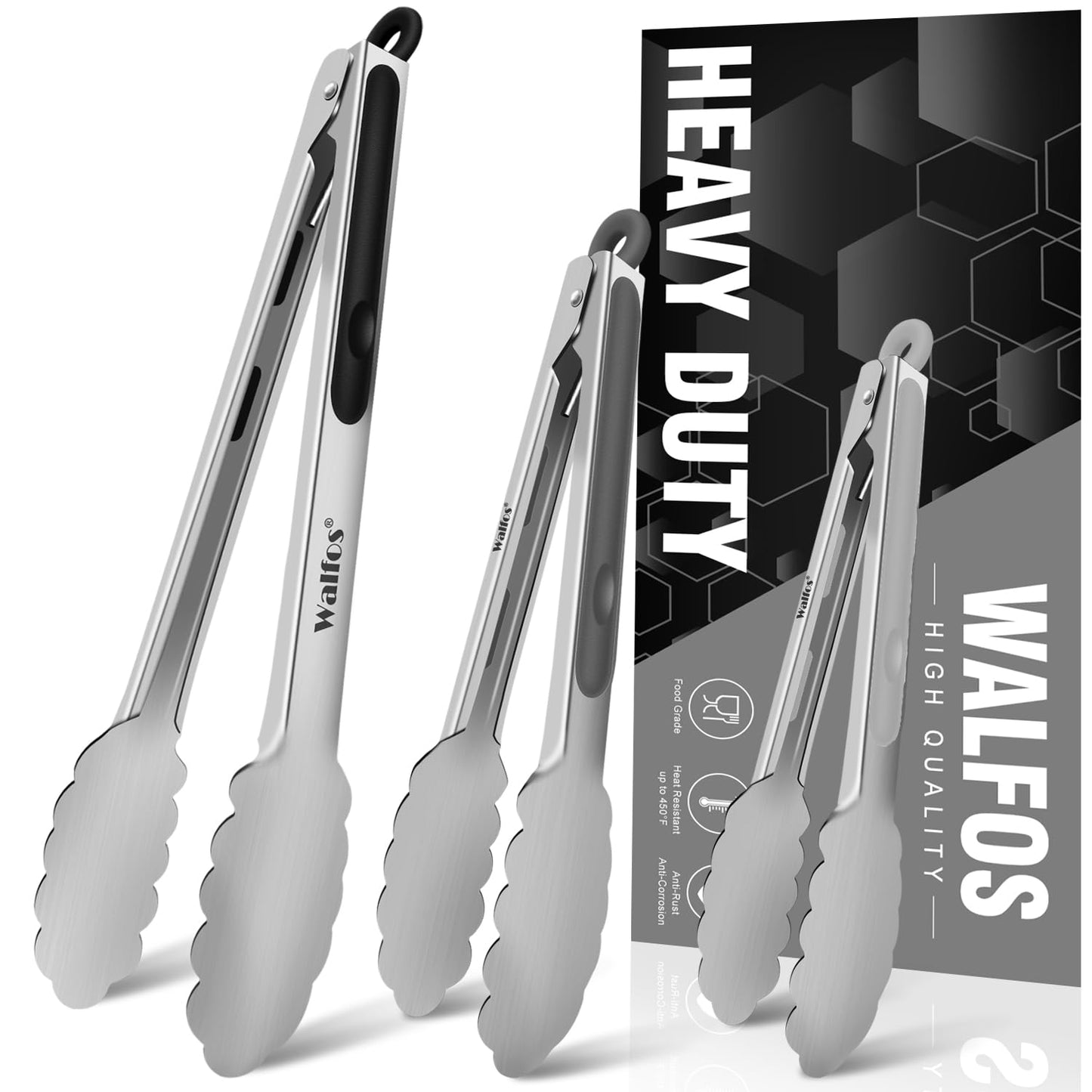 Walfos Stainless Steel Kitchen Tongs for Cooking- 7 ，9 and 12 Inch, Food Grade Metal Tongs for Cooking, BBQ, Set of 3 Heavy Duty Locking Cooking Tongs Non-Slip Grip