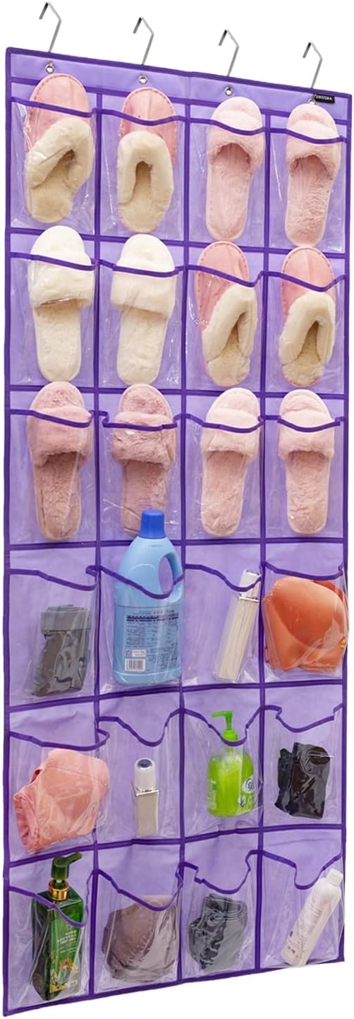 24 Modern Over the Door Shoe Rack Organizer with Clear PVC Pockets, Purple