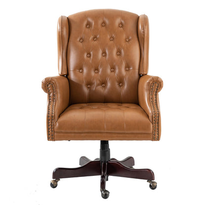 HULALA HOME Tufted PU Leather Office Chair with Wingback and Nailhead Trim, Adjustable Swivel Desk Chair with Rolled Armrests and Casters, Vintage Style(Camel)