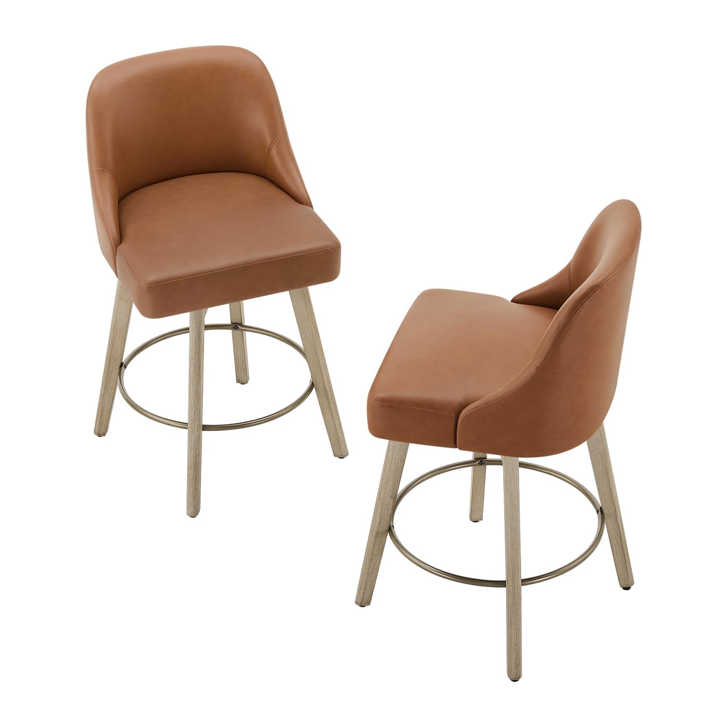 Counter Height Bar Stools Set of 2, Modern Swivel Barstools with Back and Wood Legs, Faux Leather Upholstered Bar Chairs, 26" Seat Height Counter Stools for Kitchen Island,Brown