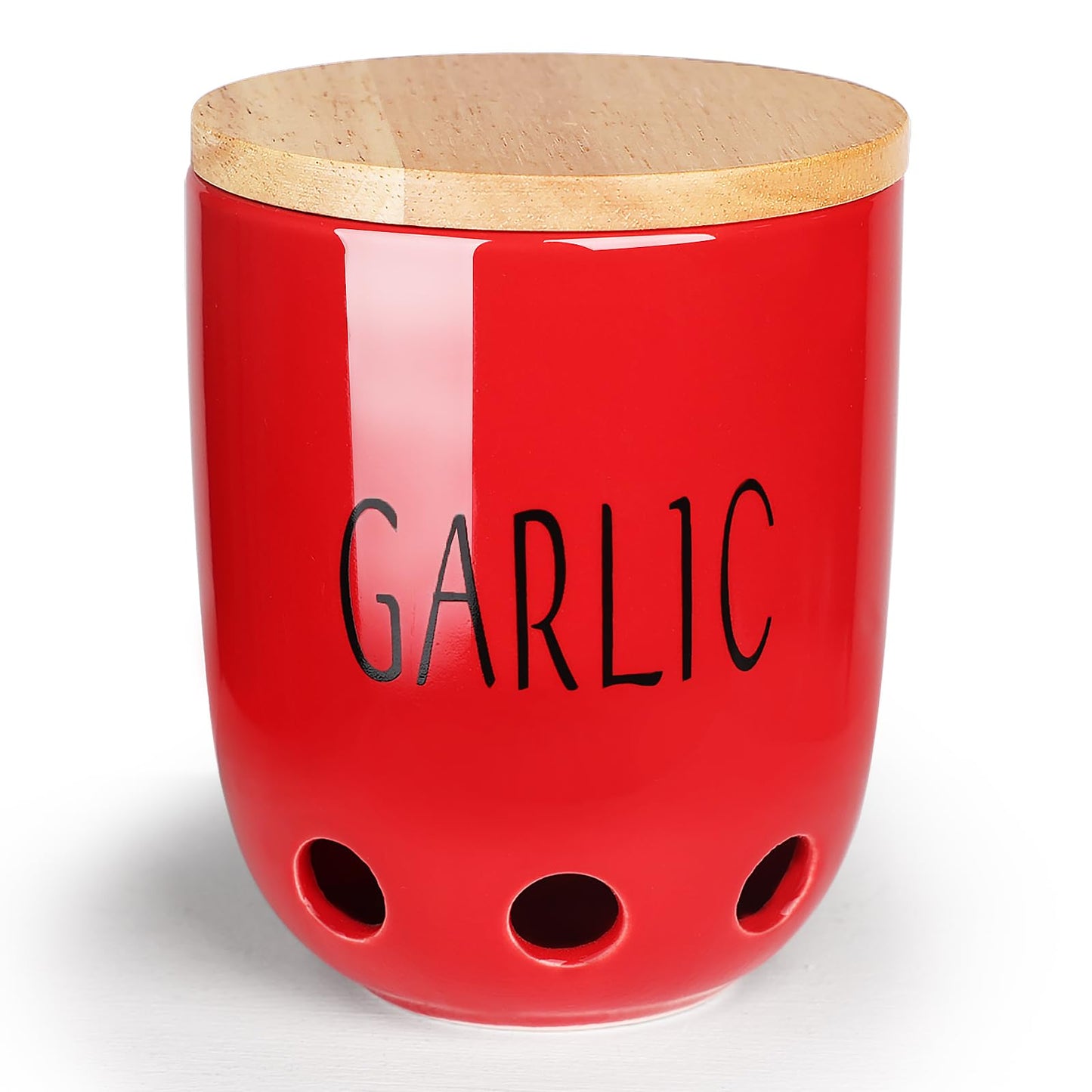 HAOTOP Ceramic Garlic Keeper for Counter, Garlic Saver Container with Wood Lid, Garlic Keeper for Kitchen, Garlic Holder to Keep Your Garlic Cloves Fresh Longer (Red)