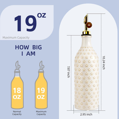 Suybur Ceramic Olive Oil Dispenser Bottle for Kitchen with Gravity Spout, 19 oz Opaque Relief Oil Cruet with Funnel, Oil Container for EVOO, Vinegar, and Soy Sauce (Petal Design)