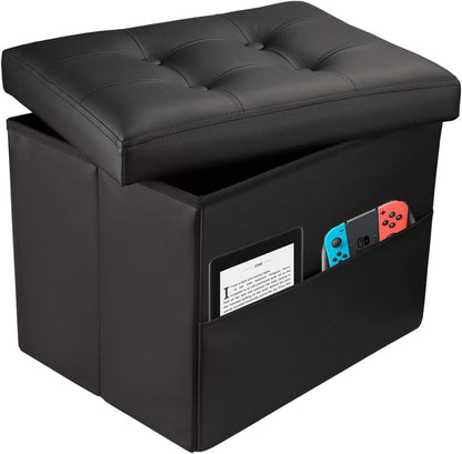 L17W13H13inches Collapsible Ottoman with Storage - Foot Rest Ottoman with Side Pocket - Black