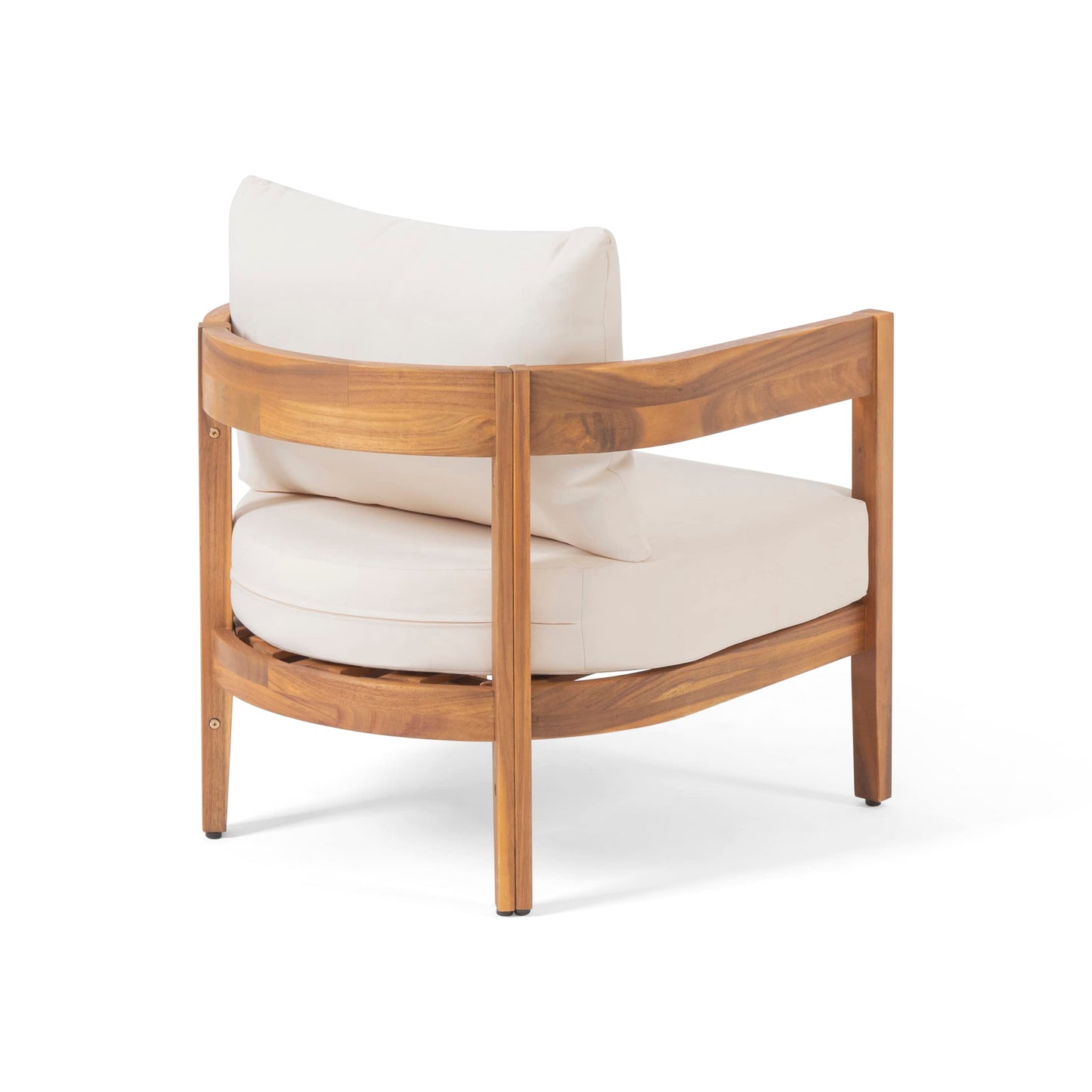 Christopher Knight Home Nadine Outdoor Accent Chair, Acacia Wood Club Chair, Tub Shape Design Armchair, Comfort Cushions Seating, Slat Open Back Reading Sofa for Balcony Backyard Garden, Teak+Beige