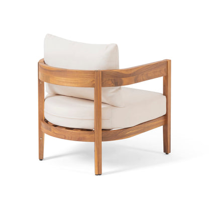 Christopher Knight Home Nadine Outdoor Accent Chair, Acacia Wood Club Chair, Tub Shape Design Armchair, Comfort Cushions Seating, Slat Open Back Reading Sofa for Balcony Backyard Garden, Teak+Beige