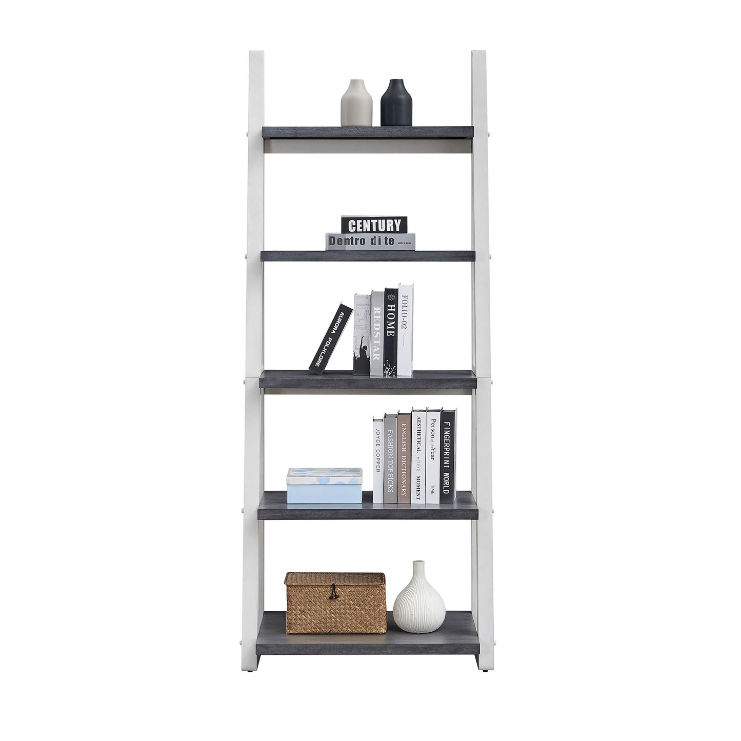 agnixnaf Gray Bookshelf with 4 Shelves, White Legs, Clean Lines, Ladder Bookcase, Industrial, for Office, Bedroom, Living Room, Study Room