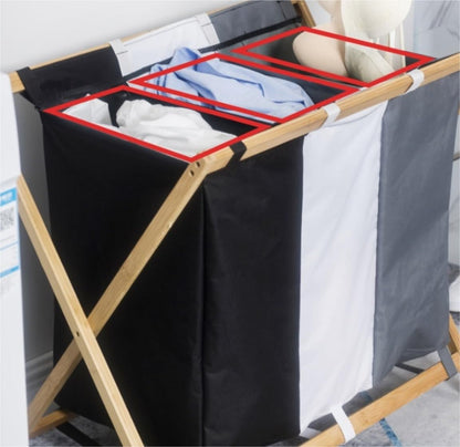 PXIWDAN Laundry Basket Bamboo Laundry Hamper 3 Section Felt Compartment Sorter Bag Basket Removable Clothes Wooden Clothes Hamper