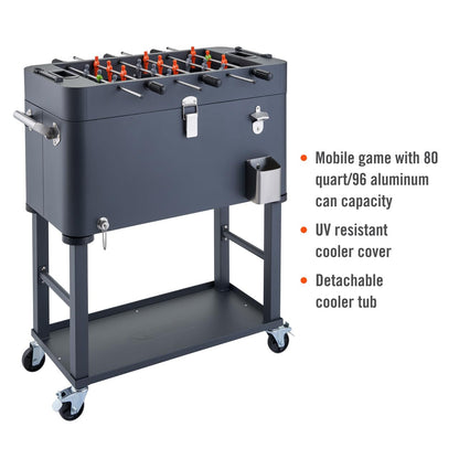 TRINITY 80 Quart Beverage Cooler and Ice Chest with Foosball Table Top and Bottle Opener, Rolling Cart and Storage Shelf, Detachable Tub, 96 Can Capacity, Includes Protective Cover, Charcoal Gray