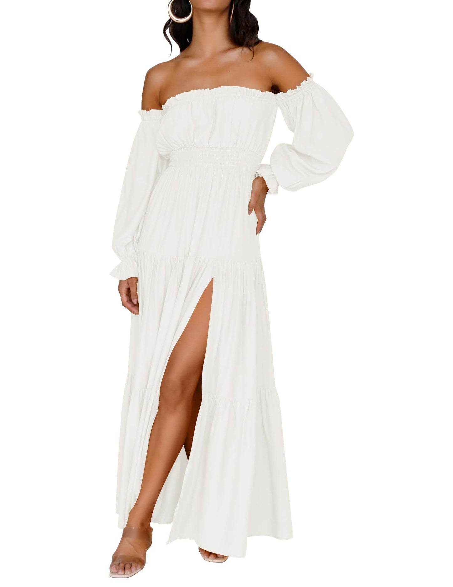 ZESICA Women's 2025 Boho Sexy Off Shoulder Long Sleeve Smocked High Waist Side Split Flowy A Line Tiered Long Maxi Dress