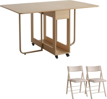 VASTATIO Folding Dining Chairs and Table Set, Space-Saving Dining Table and 2 Padded Steel Frame Folding Chairs(Wood), Drop Leaf Dining Table with Extra Large Storage Space and 2 Drawers